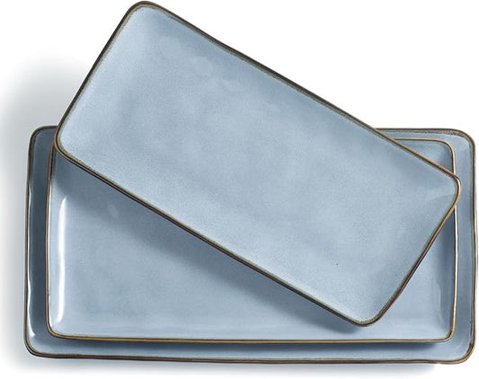 famiware Serving Platter, Rectangular 15.67/14.1/12.6inch Serving Dishes for Entertaining, Reactive Glaze, Stoneware for Party, Food, Turkey, Snack, Cheese, Ocean Series, Blue