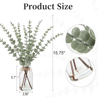 Artificial Eucalyptus Stems in Glass Vase with Faux Water，15.75" Fake Plants for Home Decor Office Bathroom & Farmhouse Weddings - Faux Greenery Plants Decorations