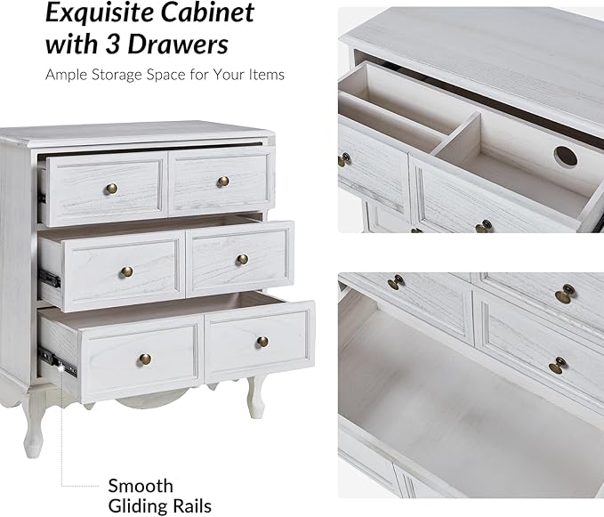 HULALA HOME 3 Drawer Nightstand with Charging Station Drawer Organizer with Wood Legs Farmhouse Solid Wood Set of 2, White