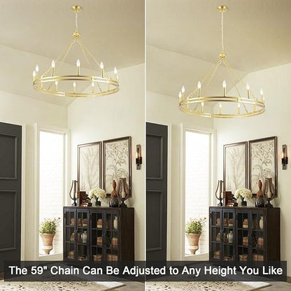12-Light Wagon Wheel Chandelier 38 inch Large Gold Chandeliers for High Ceilings Round Farmhouse Gold Light Fixtures Over Table Rustic Hanging Light for Dining Room,Foyer,Living Room,Outdoor