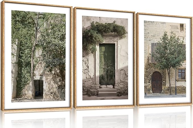 HOURIA Large Vintage Italy City Landscape Framed Canvas Wall Art Set,Green Olive Tree Old House Wall Decor,Malta Modern Minimalist Country Farmhouse Art Print for Living Room,Bedroom,Office-16 x24 x3