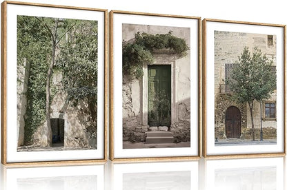 HOURIA Large Vintage Italy City Landscape Framed Canvas Wall Art Set,Green Olive Tree Old House Wall Decor,Malta Modern Minimalist Country Farmhouse Art Print for Living Room,Bedroom,Office-16 x24 x3