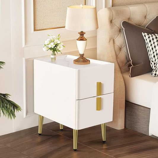 homary Modern Narrow Night Stand, Off White Nightstand with 2 Drawer, Beige Bedside Table in Gold Legs for Bedroom