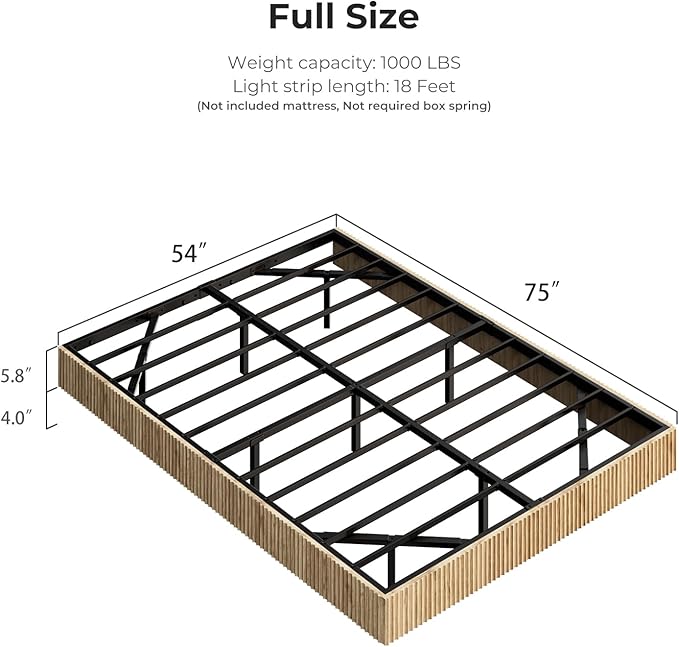 Evermagin Natural Full Floating Bed Frame with led Lights, Bohemia Fluted Floating Platform Bed No Headboard, Heavy Duty Metal Float Bedframe, No Box Spring Needed