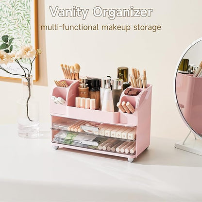 Makeup Organizer for Vanity with 2 Large Drawers, Cosmetic Display Case with Brush Holders, Easy to Storage for Bathroom Countertop Skincare, Desk Office Supplies, Pink