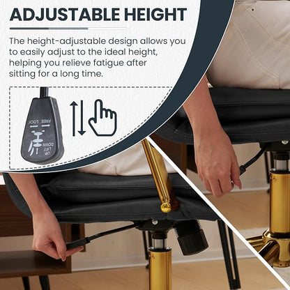 MOJAY Mid-Back Ergonomic Leather Desk Chair, Modern Upholstered Computer Chair, Executive Office Chair with Arms, Swivel Adjustable Rolling Chair with Gold Base (Black)