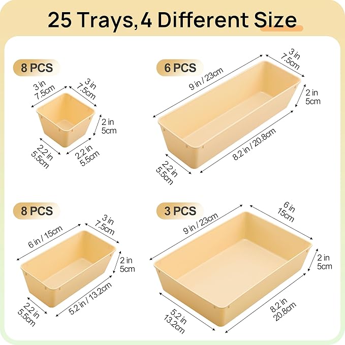 Vtopmart 25 PCS Plastic Drawer Organizers Set, 4-Size Versatile Bathroom and Vanity Drawer Organizer, Storage Bins for Makeup, Bedroom, Kitchen Gadgets Utensils and Office