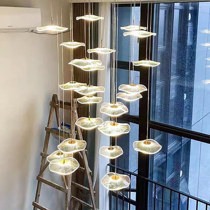 ziidoo High Ceiling Chandelier - 18-Light Dimmable Modern Gold Long Spiral Luxury Linear Lotus Leaf Led Lamp Hanging Pendant Lights for Foyer Enterway Staircase Villas