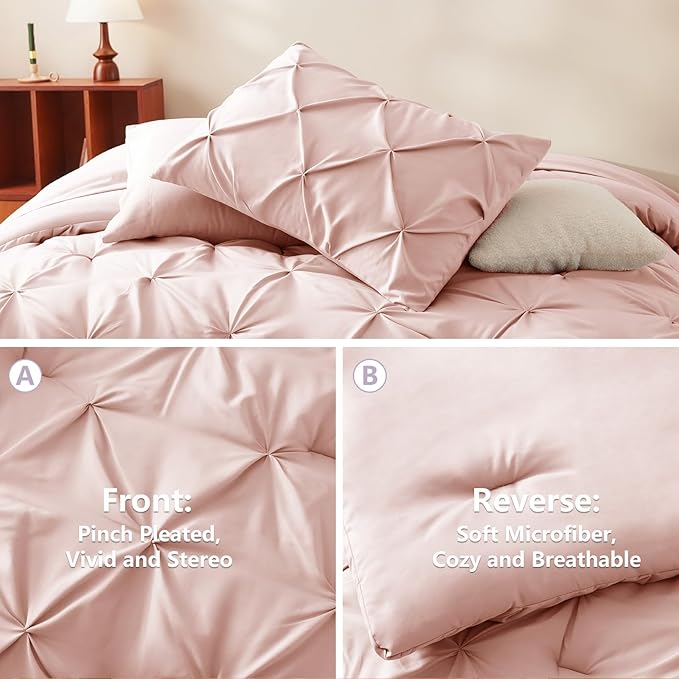CozyLux Queen Comforter Set Blush Pink, 7 Pieces Pintuck Bed in A Bag, Premium Pink Comforter Queen Size, Pinch Pleat Bedding Sets with Comforter, Sheets, Pillowcases & Shams