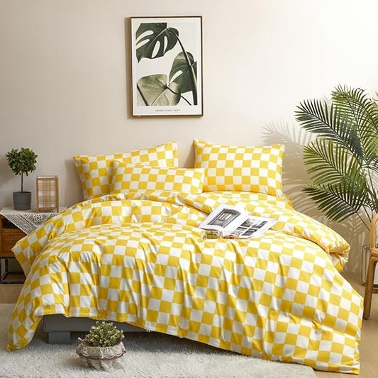 CLOTHKNOW Yellow Plaid Twin/Twin XL Comforter Set 3Pcs Checkerboard Grid Bedding Comforter Sets Yellow Grid Bed Comforter Sets