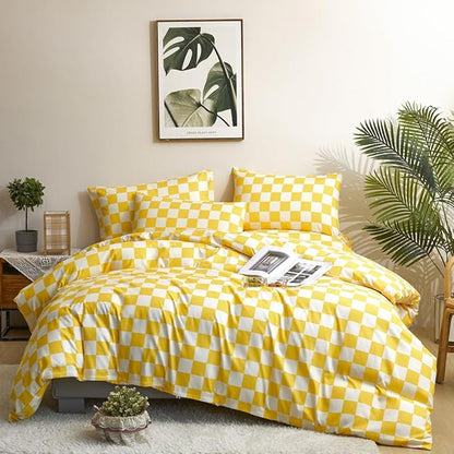 CLOTHKNOW Yellow Plaid Full Comforter Set 3Pcs Grid Bedding Comforter Sets Yellow White Comforter Full Soft Light Yellow Full Size Comforter Sets