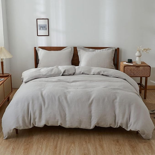 Simple&Opulence 100% Linen Duvet Cover Set, 3 PCS Natural French Flax Light Grey Duvet Cover King Size, Breathable Soft Comfy Linen Bedding Comforter Cover with 2 Pillowcases(Light Grey, 104" x 92")