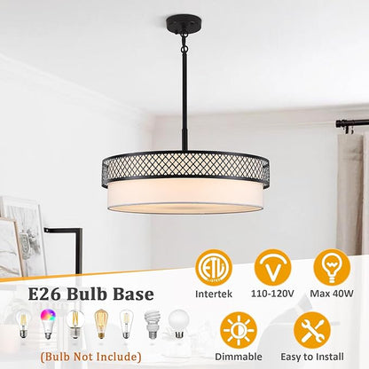 21.5" Drum Black Chandelier for Dining Room 5-Light Modern Farmhouse Chandeliers White Fabric Drum Pendant Light Fixture Large Hanging Lighting for Living Room Bedroom Kitchen Foyer Over Table, E26
