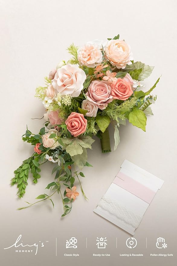 Ling's moment Pink Bride Wedding Bouquet - 15 Inch Wedding Blush Garden Artificial Flowers for Bride
