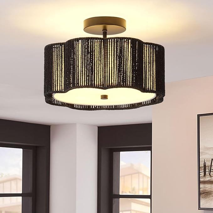 Rattan Ceiling Light Fixtures Flush Mount,3-Light Boho Light Fixtures Ceiling Mount for Bedroom,Close to Ceiling Light Modern Rattan Chandelier Lighting for Hallway Kitchen Dining Room(Black)