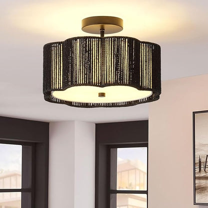 Rattan Ceiling Light Fixtures Flush Mount,3-Light Boho Light Fixtures Ceiling Mount for Bedroom,Close to Ceiling Light Modern Rattan Chandelier Lighting for Hallway Kitchen Dining Room(Black)