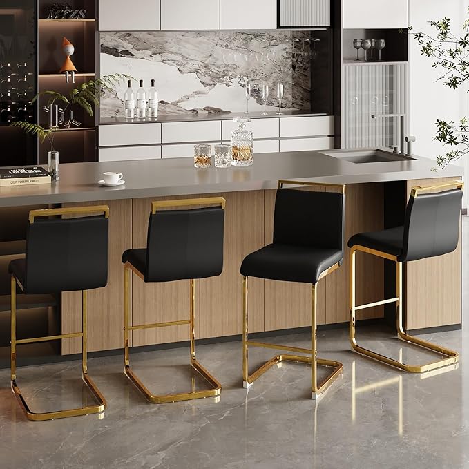 Counter Height Bar Stools Set of 4,Stools for Kitchen Island,25" Black Island Chairs with Gold Chrome Plated Metal Leg,Faux Leather Barstools for Pub Kitchen Counter Dining Chair