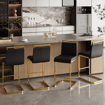 Counter Height Bar Stools Set of 4,Stools for Kitchen Island,25" Black Island Chairs with Gold Chrome Plated Metal Leg,Faux Leather Barstools for Pub Kitchen Counter Dining Chair