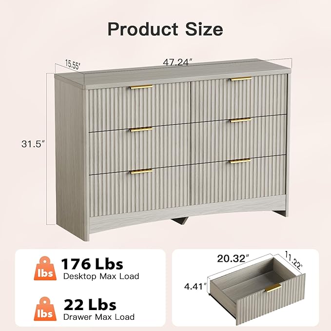 Pipishell Fluted 6 Drawers Dresser for Bedroom, 47" Wooden Drawers with Metal Handle, Dressers with Round Corner Design, Closet Storage Organizer for Bedroom, Hallway, Grey