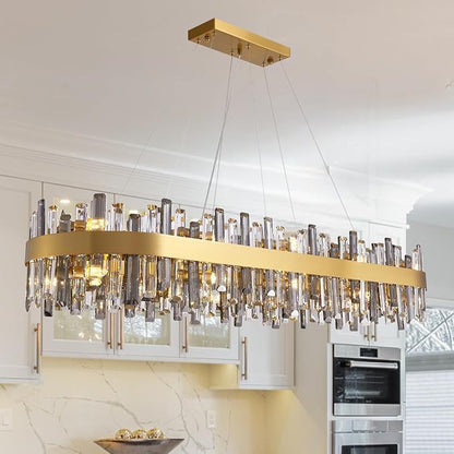 Siljoy Gold Crystal Chandelier for Dining Room, Large Modern 2-Tiers K9 Crystal Raindrop Chandelier, 20 Lights Luxury Adjustable Hanging Ceiling Light for Living Room Kitchen Island Bar L52''