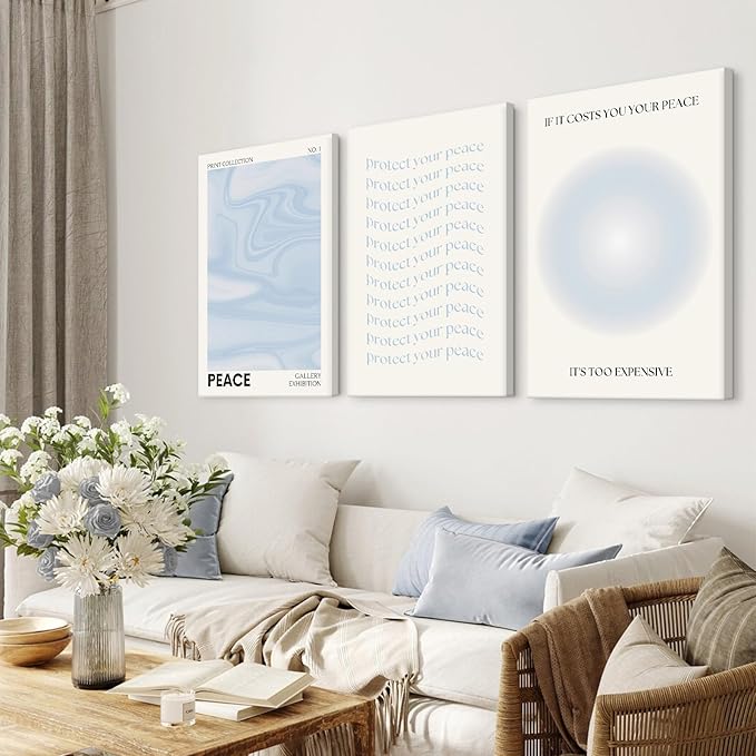 Blue Aura Wall Art Decor Retro Aesthetic Canvas Wall Art Pastel Abstract Pictures Prints Preppy Gradient Spiritual Poster Trendy Artwork Blue Painting for Room Bedroom 12x16 Inch Framed Set of 3