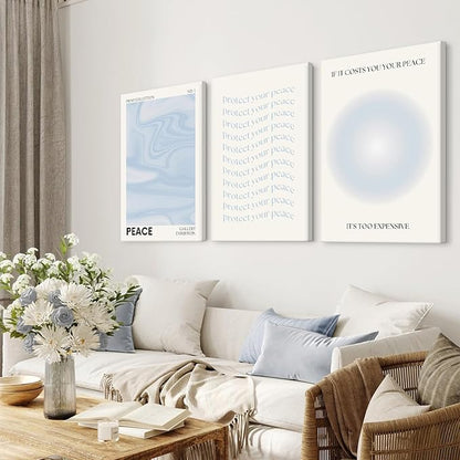 Blue Aura Wall Art Decor Retro Aesthetic Canvas Wall Art Pastel Abstract Pictures Prints Preppy Gradient Spiritual Poster Trendy Artwork Blue Painting for Room Bedroom 12x16 Inch Framed Set of 3