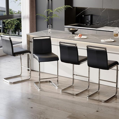 Bar Stools Set of 4,25" Counter Height Bar Stools with Footrest,Black Faux Leather Kitchen Stools with Chrome Plated Metal Leg,Counter Height Stools Ideal for Island Pub Kitchen Counter Dining Chair
