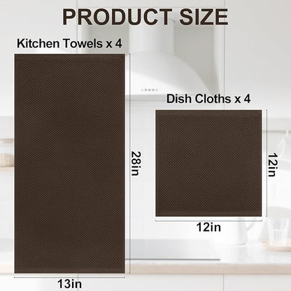 Homaxy 100% Cotton Kitchen Towels and Dishcloths Set, 12 x 12 Inches and 13 x 28 Inches, Set of 8 Bulk Kitchen Towels Set, Ultra Soft Absorbent Dish Cloths for Washing Dishes, Dark Brown