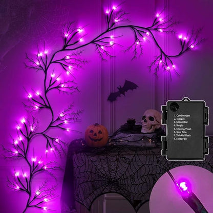 6 Ft 54 LED Halloween Willow Vine Twig Decor Garland with 8 Modes Timer Waterproof Battery Operated Scary Halloween Decorations for Home Wall Mantle Fireplace Decor