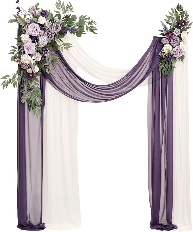 Ling's moment Purple Lilac Artificial Wedding Arch Flowers Kit Pack of 4, 2pcs Hanging Flower Arrangement 2pcs Chiffon Drapes Ceremony Reception Fake Rose Arbor Backdrop Floral Party Outdoor Decor