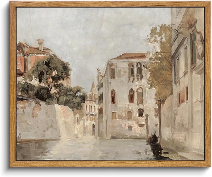 KBKBART Vintage Wall Art, Retro Neutral Italy Wall Art Framed Canvas Art Prints Venice Canva Painting Farmhouse Decor, Rustic Impressionism Scenic Landscape Wall Decor for Bathroom, Bedroom Living Room, Vintage Wall Decor(9"x11")