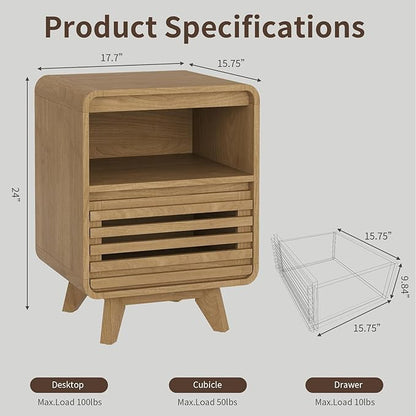 Fluted Night Stand Nightstand with Drawer Storage Grille Bed Side Table End Table Large Modern Wide Bedside Stand Tall Night Stands for Bedroom Living Room Home Office, Natural Oak