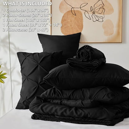 CozyLux California King Comforter Set Black - 7 Pieces Cal King Pintuck Bed in A Bag Gift for Family, Pinch Pleat Bedding Sets with All Season Comforter, Sheets, Pillowcases & Shams