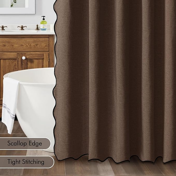 MIULEE 84" Long Scalloped Shower Curtain Linen Textured with 12 Metal Hooks Cute Extra Long Heavy Duty Washable Waterproof Cloth Shower Curtains with Black Border for Bathroom Hotel Bathtub,Brown