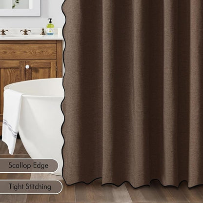 MIULEE 84" Long Scalloped Shower Curtain Linen Textured with 12 Metal Hooks Cute Extra Long Heavy Duty Washable Waterproof Cloth Shower Curtains with Black Border for Bathroom Hotel Bathtub,Brown
