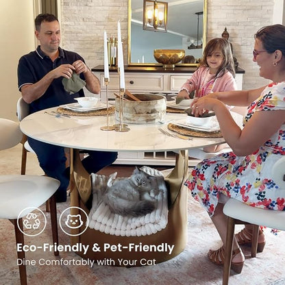 POVISON Round Dining Table, 47" Glossy White Sintered Stone Top Dining Table with Bronze Carbon Steel Pedestal, Modern Dining Room Table for Kitchen, Living Room (Table Only)