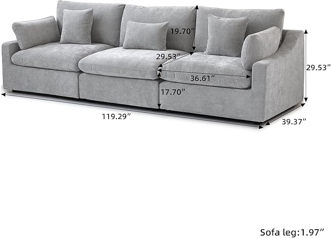 Cloud Couch Modular Sectional Sofa for LivingRoom,119.2" 3Seater Wide Couch,Down Filled Convertible Living Room Set, Covers Washable&Replaceable,Grey