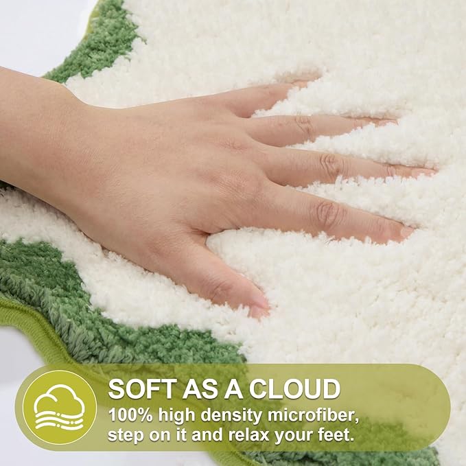 ORTIGIA Long Cute Scalloped Bathroom Rugs Runner, Fun White and Green Plush Microfiber Scallop Bath Mats Non Slip Washable Quick Dry Absorbent, Rug for Bathtub Sink Laundry Room Bedroom, 17x47