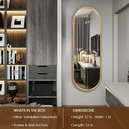 Oval Full Length Wall Mirror, 16"x47" Metal Beaded Frame Large Hanging Dressing Floor Mirror for Bedroom, Living Room, Entryway, Antique Gold (No Stand)