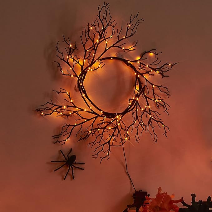 Fudios Lighted Halloween Garland with 120 Orange and Purple LED Fairy Lights for Mantle, Halloween Black Garland with Lights 8 Functios Battery Operated 6FT Indoor Outdoor Home Wall Decoration