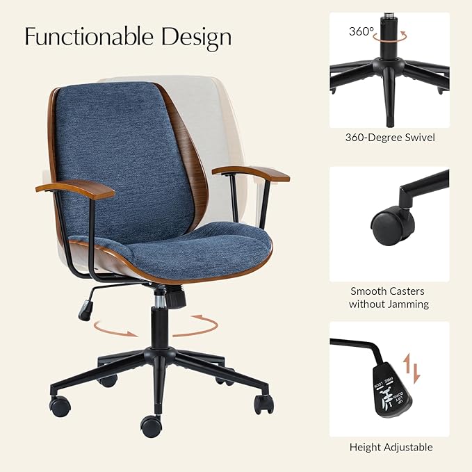 HULALA HOME Solid Wood Office Chair with Rocking Function, Comfy Fabric Desk Chair with Bent Wood and Metal Base, Height Adjustable Swivel Computer Task Chair, Navy