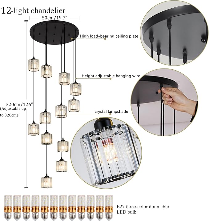 Long Chandeliers for High Ceilings,Modern Crystal Pendant Light,Raindrop Drop Lamp,Hanging Lighting Fixtures for Spiral Staircase,Foyer,Entryway,Living Room,Black (12 Lights)