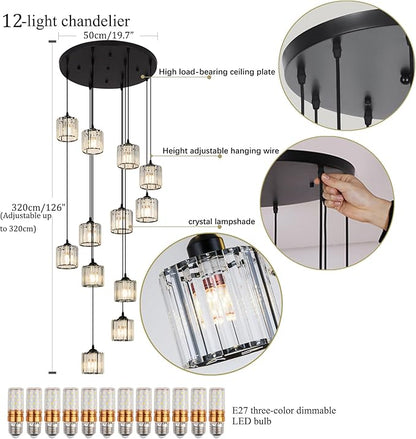 Long Chandeliers for High Ceilings,Modern Crystal Pendant Light,Raindrop Drop Lamp,Hanging Lighting Fixtures for Spiral Staircase,Foyer,Entryway,Living Room,Black (12 Lights)