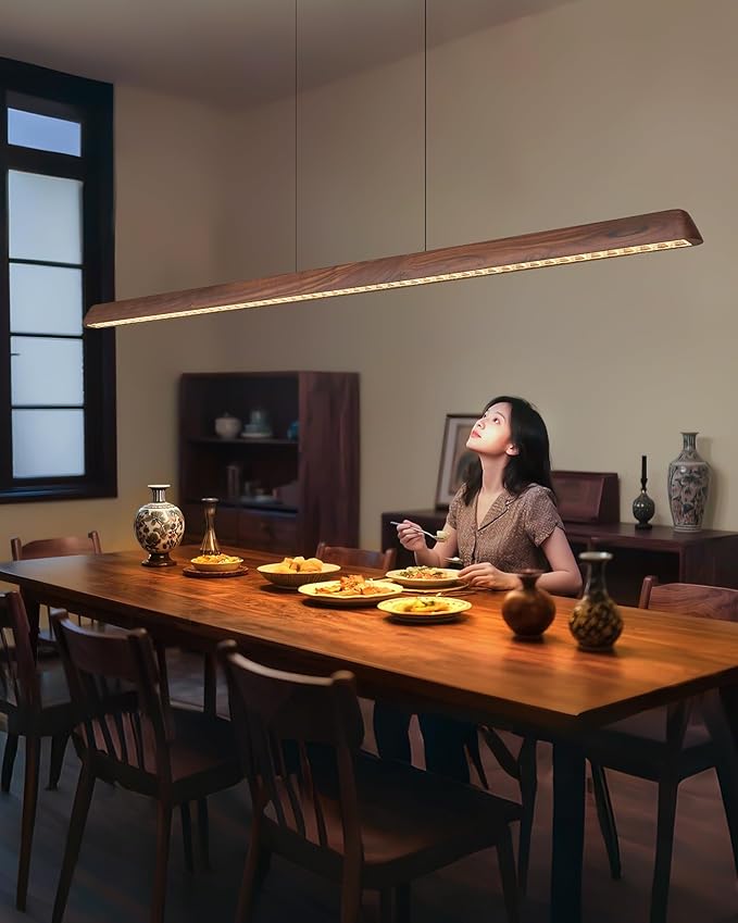 59" Wood Linear Pendant Light, Dimmable Kitchen Island Lighting with Remote, 30W LED Island Lights for Kitchen, Adjustable Linear Chandelier for Dinning Room Light Fixture, Bar, Pool Table Light