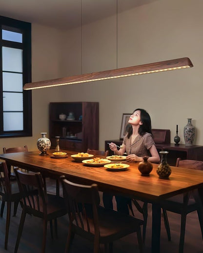 59" Wood Linear Pendant Light, Dimmable Kitchen Island Lighting with Remote, 30W LED Island Lights for Kitchen, Adjustable Linear Chandelier for Dinning Room Light Fixture, Bar, Pool Table Light