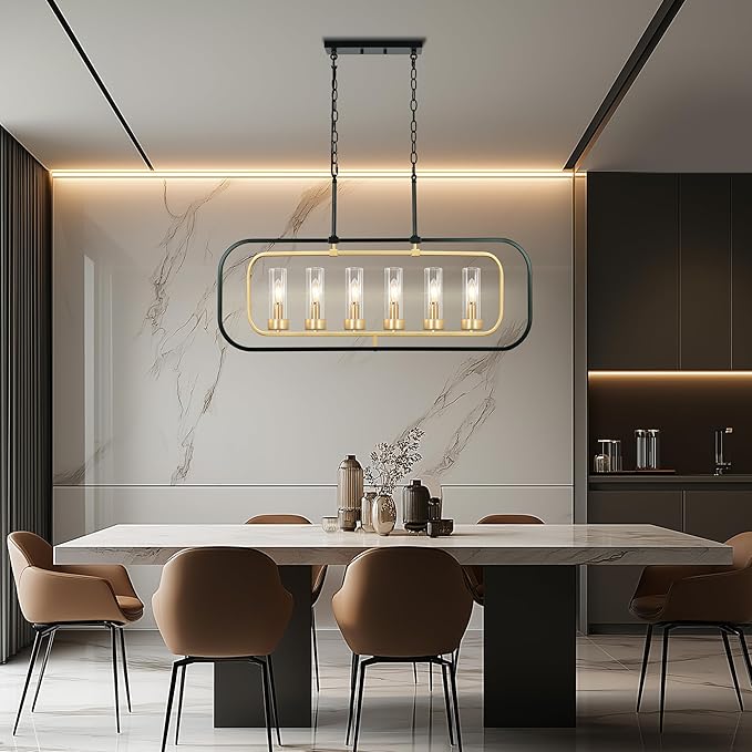 Dining Room Chandelier, 36" Modern Farmhouse Chandelier Black and Gold Dining Room Light Fixture 6-Light Kitchen Island Lights Horizontal Linear Pendant Light Fixtures with Clear Glass Shade
