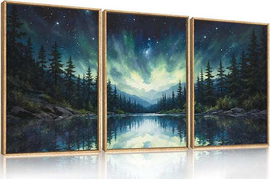 HOURIA Northern Lights Forest Lake Framed Canvas Wall Art Set,Aurora Borealis Mountain Wall Decor,Night Sky Reflective Water Artwork,Modern Wilderness Landscape Prints for Living Room,Office-24"x36"x3