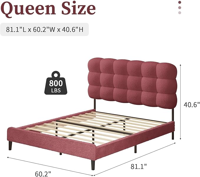 BarnFurin Queen Bed Frame with Upholstered Headboard, Platform Bed with Strong Wooden Slats Support, Two Bed Forms Design, No Boxing Spring Needed, Easy Assembly, Rose