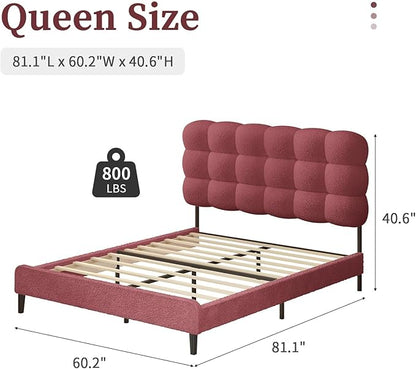 BarnFurin Queen Bed Frame with Upholstered Headboard, Platform Bed with Strong Wooden Slats Support, Two Bed Forms Design, No Boxing Spring Needed, Easy Assembly, Rose