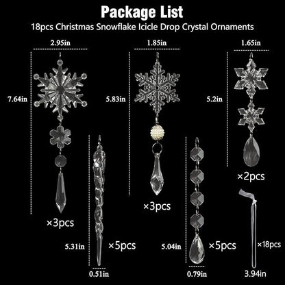 18pcs Christmas Tree Decoration Crystal Ornaments - Hanging Acrylic Christmas Snowflake Icicle Drop Crystal Ornaments for Xmas Tree Winter New Year Party Supplies